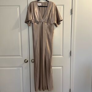 Lightly used Birdy Grey bridesmaid dress with slit; XL; Taupe